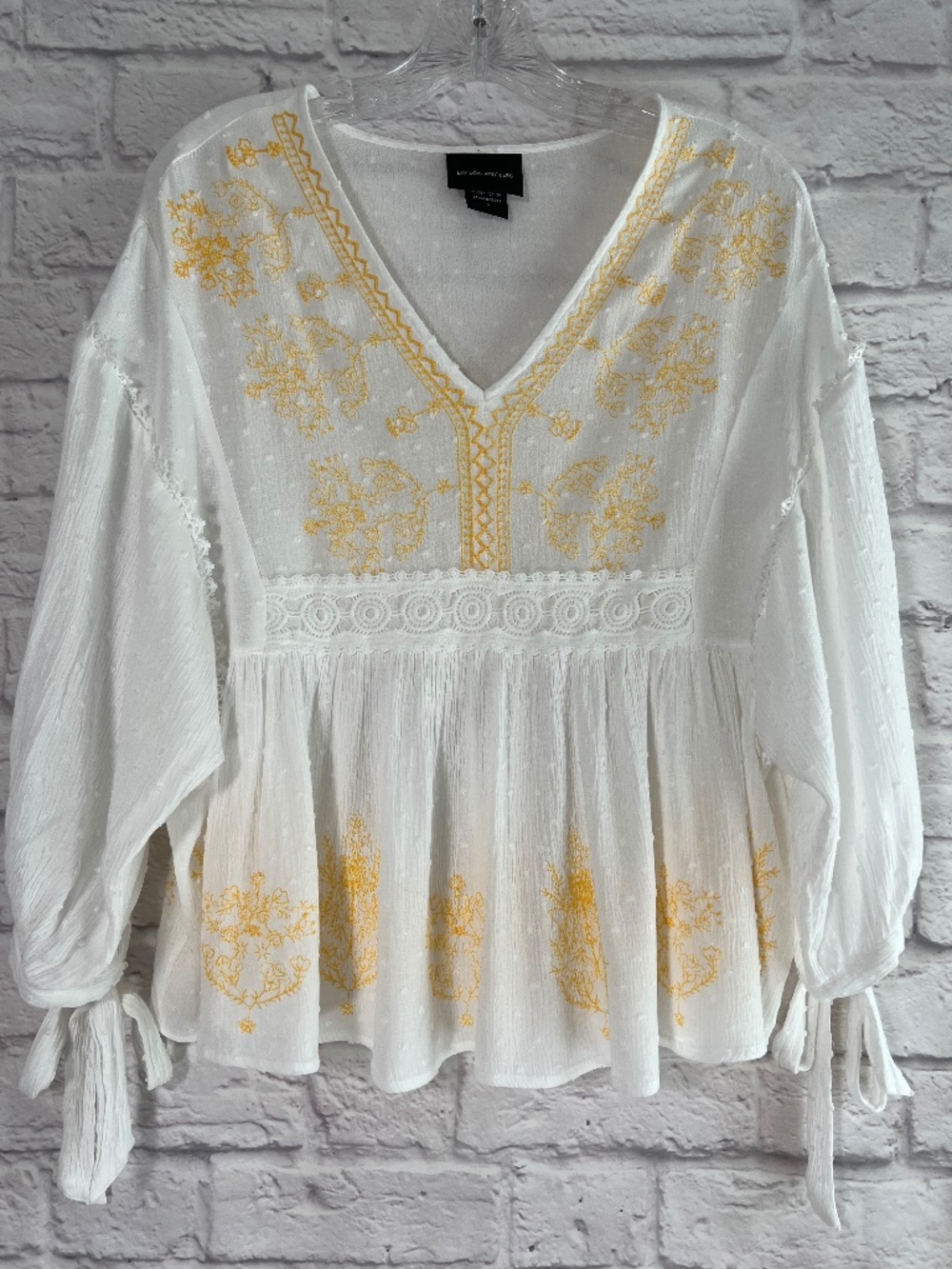 Liv Los Angeles White Peasant BoHo Blouse With Yellow Floral Embroidery